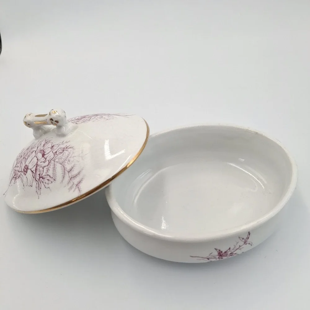 Antique J & E Mayer Stone China Mulberry Transferware Lidded Soap Dish‎ / Vanity